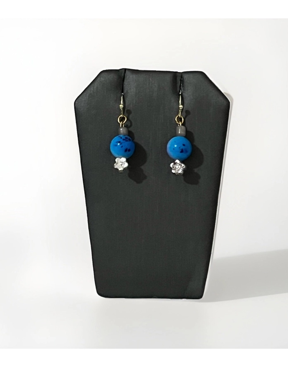 Handmade Beaded Dangle Earrings Blue Purple Boho Glass Bead Silver Flower Charm